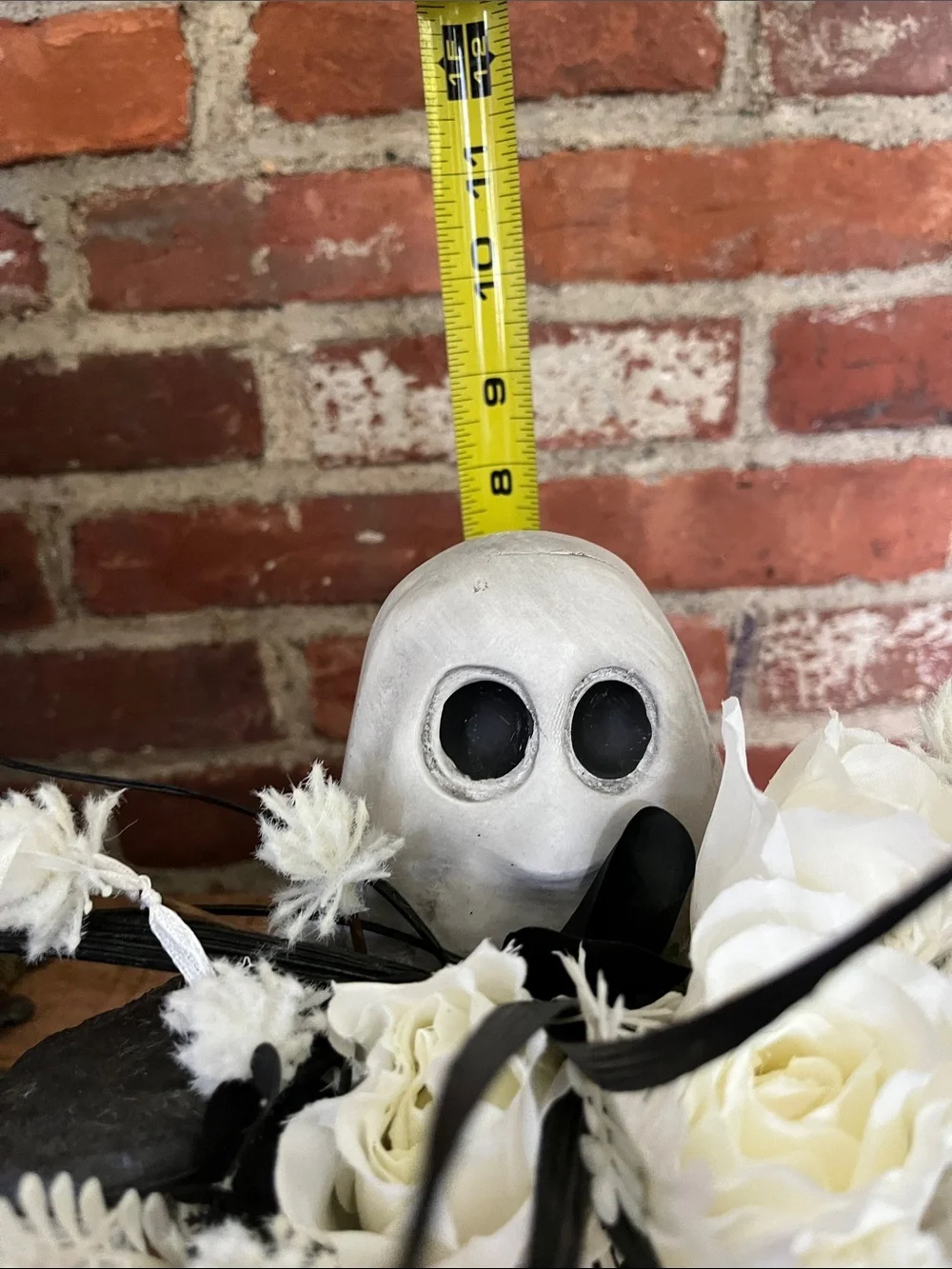 White ghost  Floral Centerpiece with Black Feather Accents